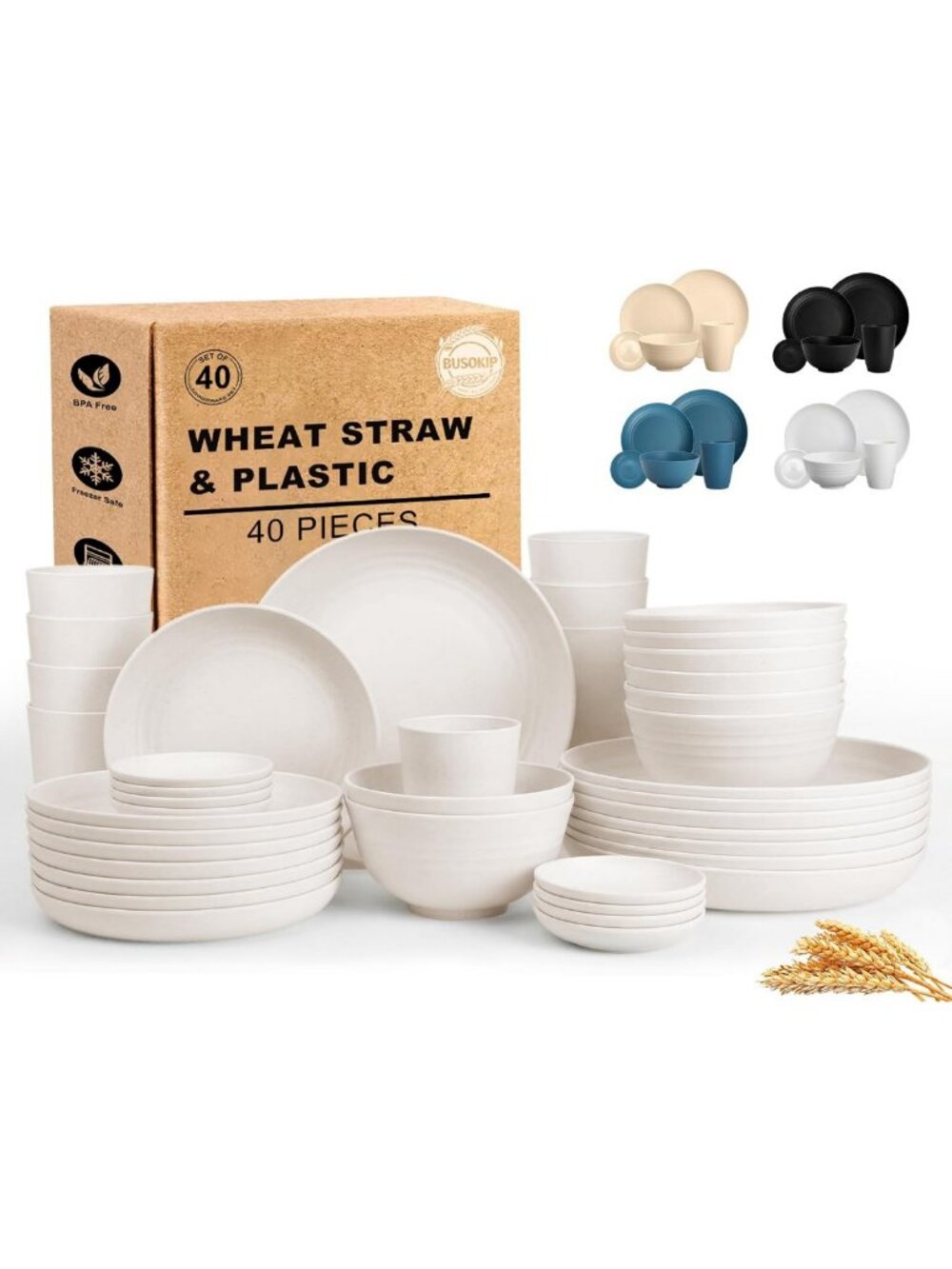 40-Piece Unbreakable Dinnerware Set for 8 - Wheat Straw Plates & Bowls, Safe for
